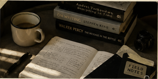 An open notebook covered in handwriting on a desk, beside a mug of coffee and a stack of screenwriting books, lit by window light.
